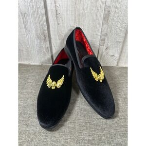 Elanroman Mens Size 11 Black Velvet Loafers Gold Winged Skull Dress Shoes